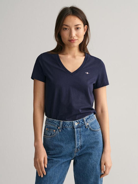 Gant Women's T-shirt with V Neck Navy Blue