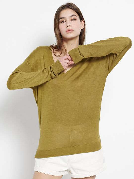 Funky Buddha Women's Long Sleeve Sweater Cotton with V Neckline Green
