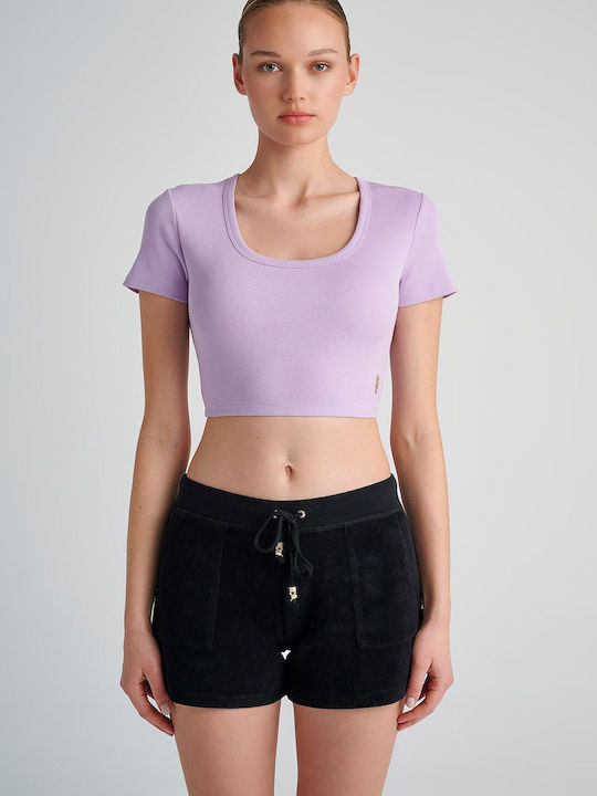 SugarFree Damen Sommer Crop Top Baumwolle Kurzarm Lila