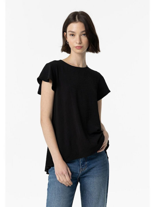 Tiffosi Damen Sommer Bluse Kurzärmelig Schwarz