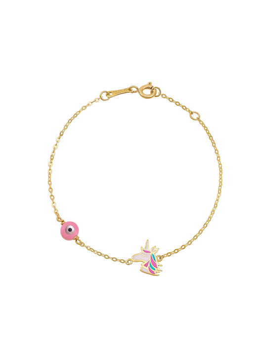 Kids Gold Bracelet 9K Μονόκερος with Evil Eye