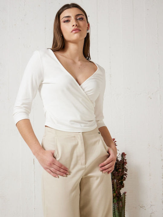 Enzzo Damen Sommerliche Bluse Langärmelig mit V-Ausschnitt White
