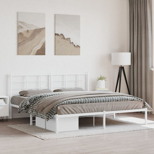 Pat King Size Metalic Alb Cu Plăci Pentru Saltea 183x213cm