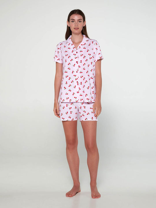 Vamp Winter Damen Baumwolle Pyjama-Oberteil Pink Blossom