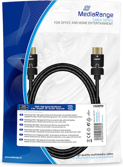 MediaRange High Speed Ethernet Connection HDMI 2.0 Premium High Speed 4K 60Hz HDR Rotating Cable HDMI Male - HDMI Male 2m Black