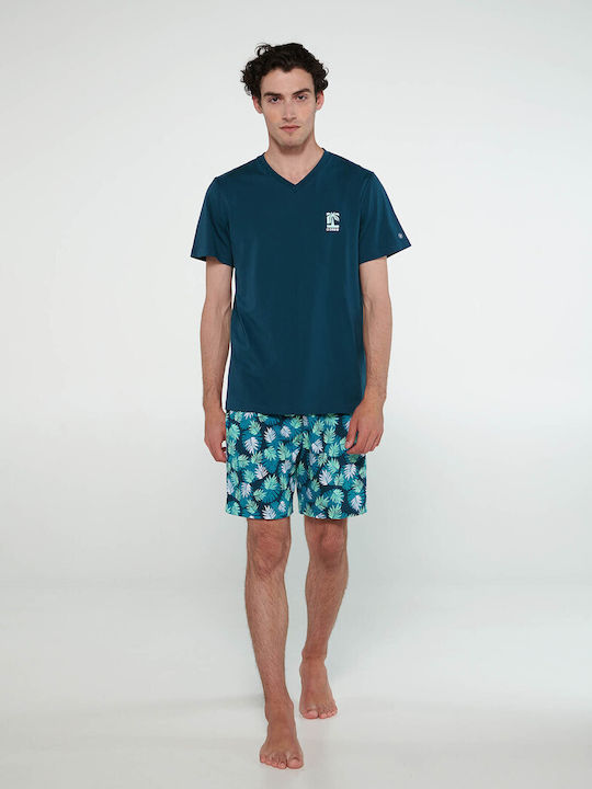 Vamp Men's Summer Cotton Pajamas Set Blue