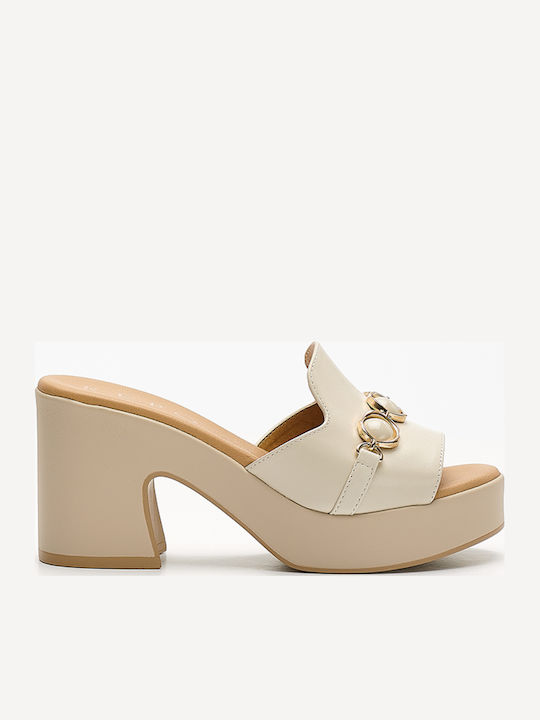 Leather Mules with Chunky Low Heel in Beige Color