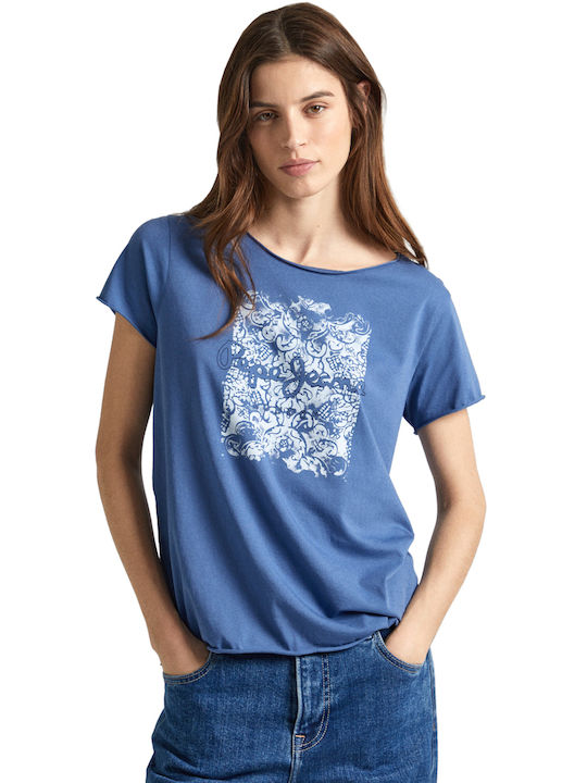 Pepe Jeans Damen Sommer Bluse Kurzärmelig Blau