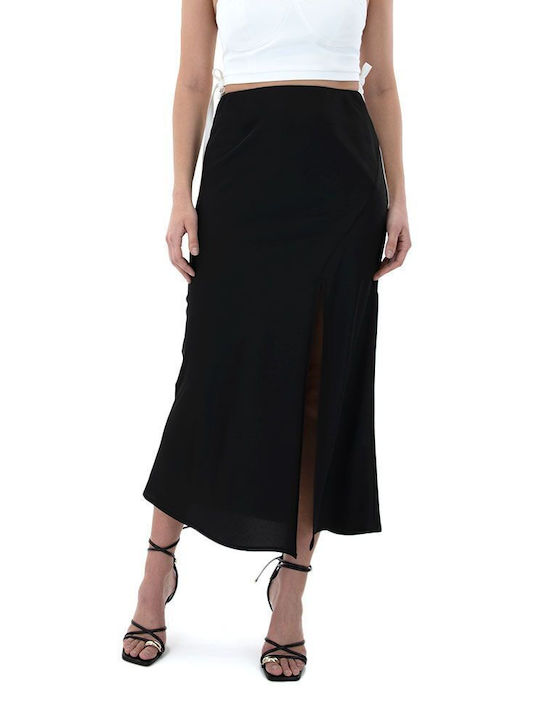 Dolce Domenica Σατέν Ψηλόμεση Maxi Φούστα σε Μαύρο χρώμα