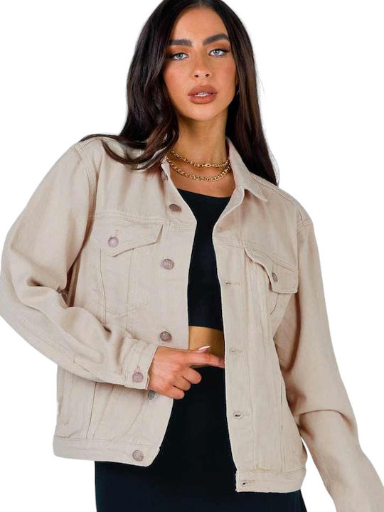 Honey Winter Women's Short Jean Jacket for Spring or Autumn Beige