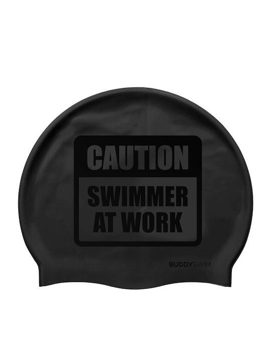 Buddyswim Caution Swimmer At Work Σκουφάκι Κολύμβησης Ενηλίκων από Σιλικόνη Μαύρο