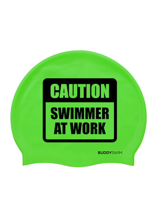 Buddyswim Caution Swimmer At Work Silicone Adults Swimming Cap Green