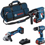 Bosch GSB 18V-45 & GBH 18V-21 & GWS 18V Set Angle Wheel & Drill & Hammer 18V with 3 Batteries 5.5Ah - 5Ah and Case