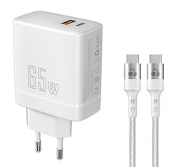 Powertech Φορτιστής GaN με Θύρα USB-A και Θύρα USB-C και Καλώδιο USB-C - USB-C 65W Quick Charge 2.0 / Quick Charge 3.0 Λευκός (PT-1182)