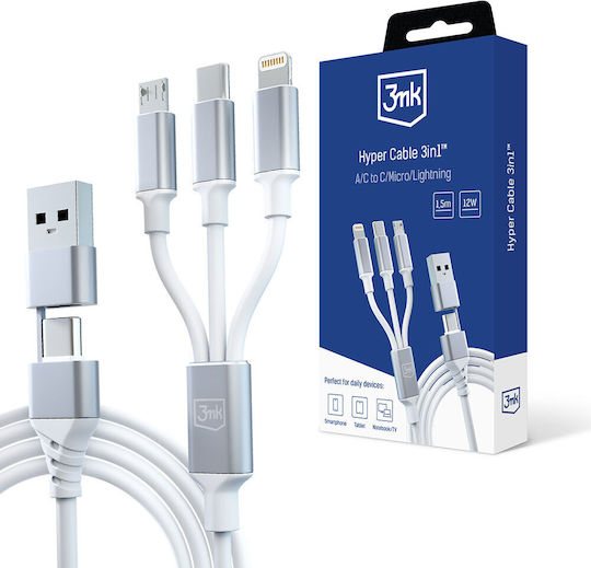 3MK Плетена USB към Lightning / Type-C / micro USB Кабел 3Спецификация Бял 1.5м