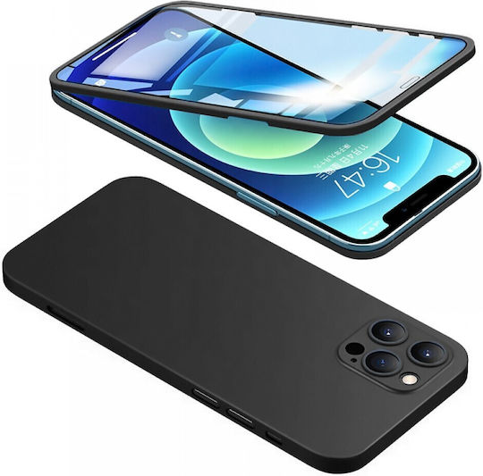 Powertech Umschlag Rückseite Gehärtetes Glas / Silikon 0.33mm Set mit Glas Schwarz (iPhone 12 / 12 Pro)