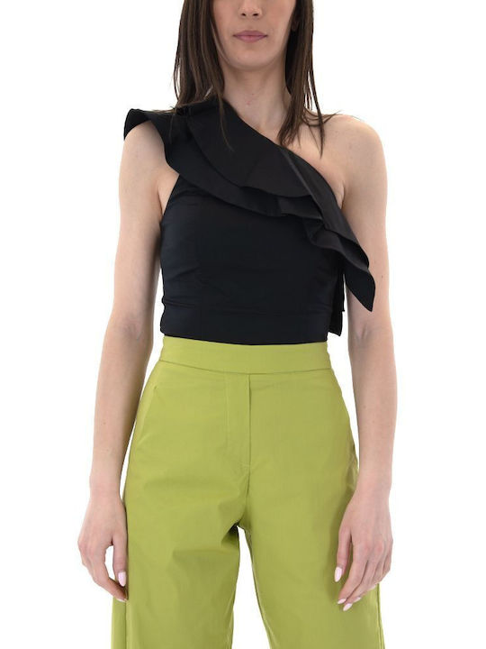 Moutaki Women's Summer Crop Top Cotton with One Shoulder & Zipper Black