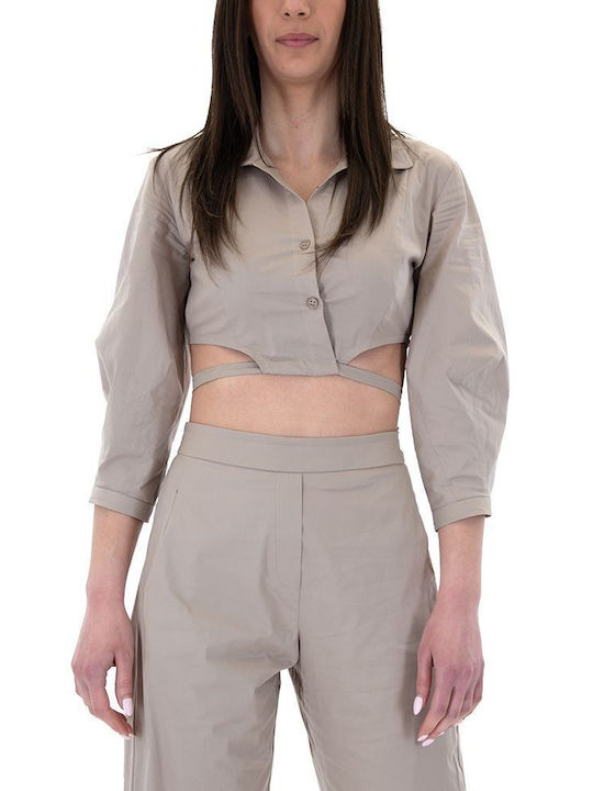 Moutaki Women's Summer Crop Top Cotton Long Sleeve with Zipper Beige
