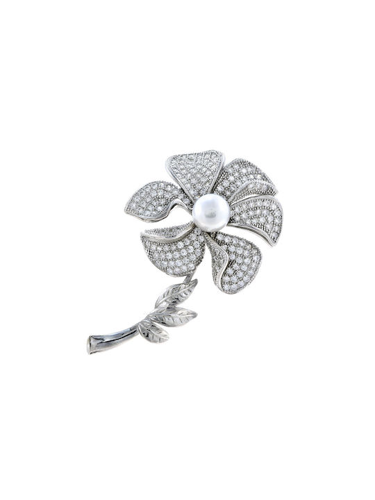 Flower Brooch with Zircon & Pearl Silver 925° (p-70718)