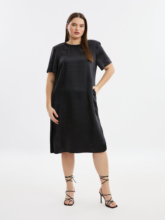 Mat Fashion Καλοκαιρινό Midi Βραδινό Φόρεμα Σατέν Μαύρο
