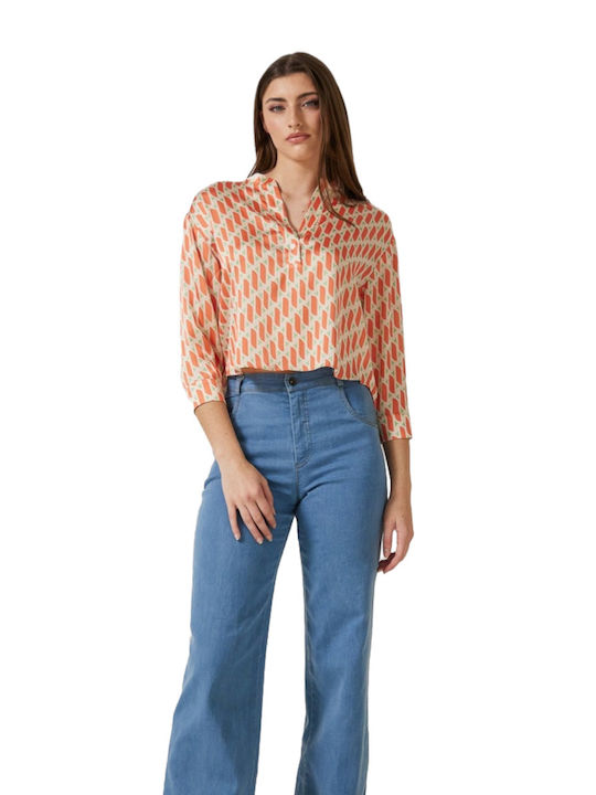 Enzzo Damen Sommer Bluse Satin Langärmelig Orange