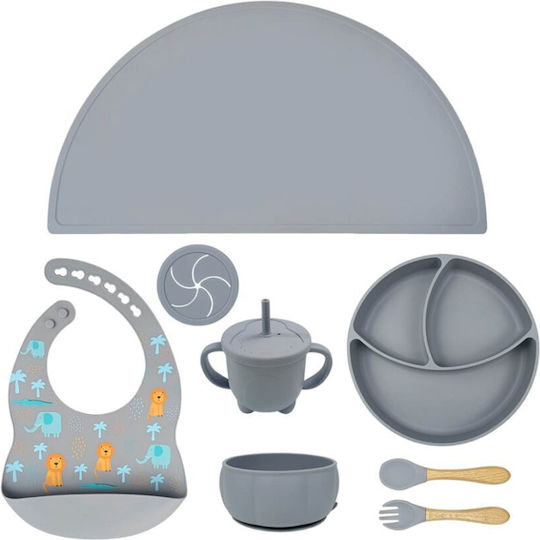 Elephants and Lions Complete Silicone Lunch Set 8pcs, Queen Mother - Grey