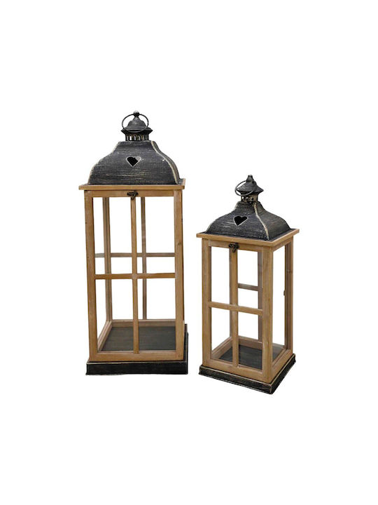 Wooden lanterns Set of 2 pieces 25,5x25,5x66cm & 19,5x19,5x49,5cm. With Black Metal Roof Ankor 831722