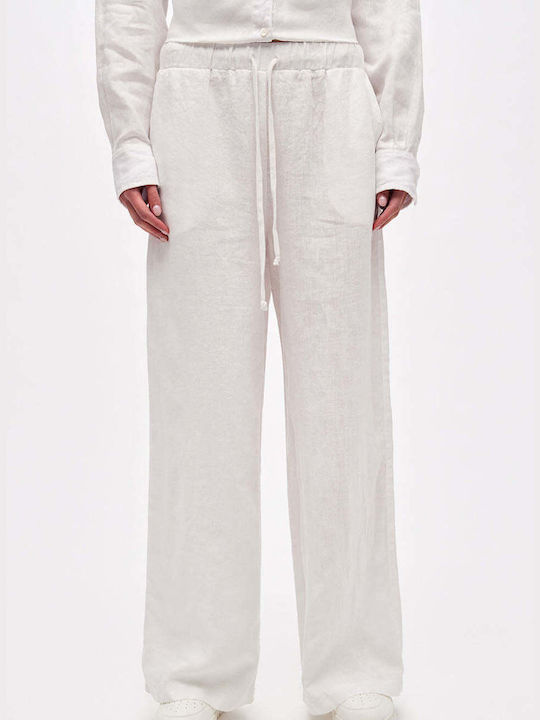 Dirty Laundry Damen Leinen Hose mit Gummizug Weiß
