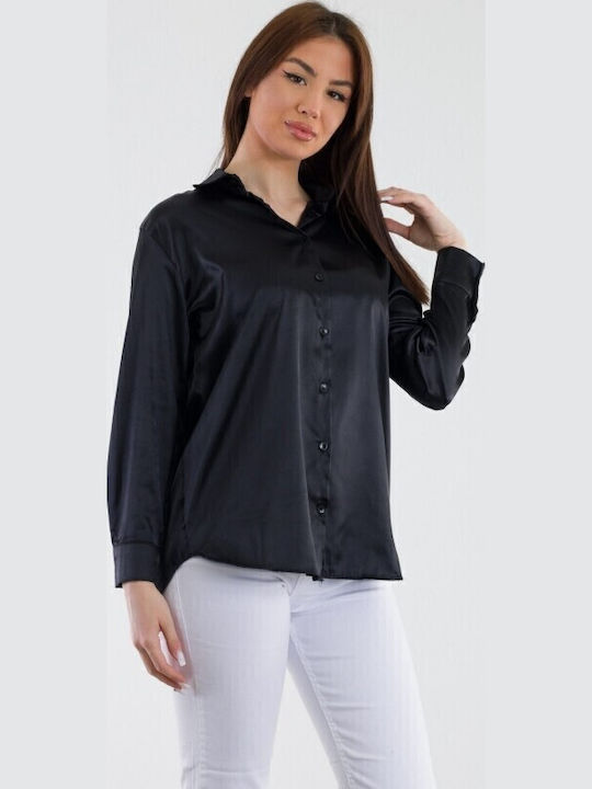 Cămașă din satin pentru femei - Negru 15249