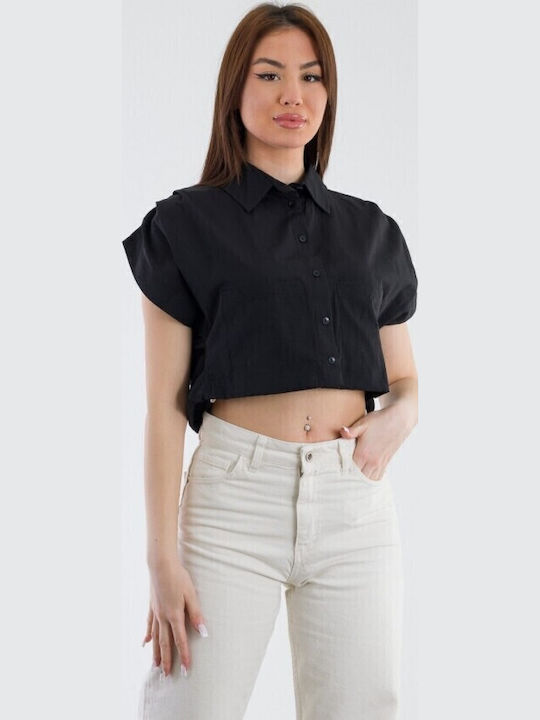 Crop Top Πουκάμισο Μονόχρωμο - Μαύρο 15254