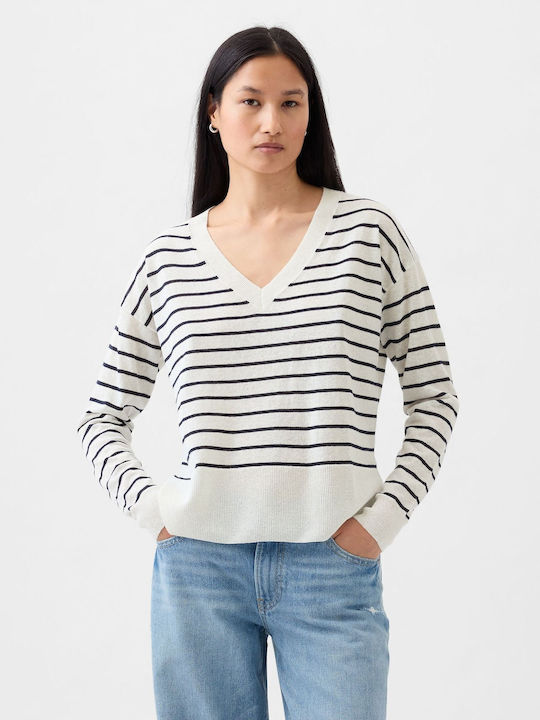 24/7 Split-hem Linen-blend Sweater White & Navy Blue Stripe
