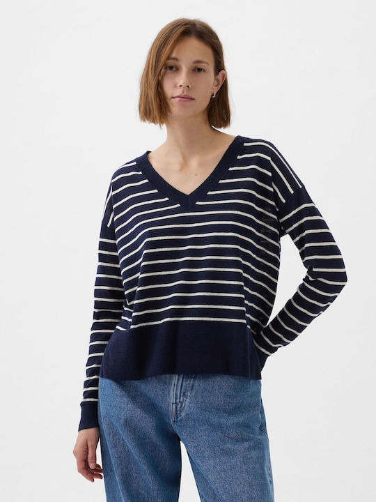 24/7 Split-hem Linen-blend Sweater Navy Blue & White Stripe