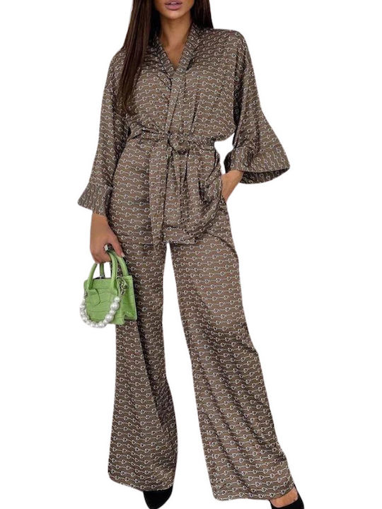 Vera Pajama Set with Airy Kimono with Belt and Pants with Chain Design
