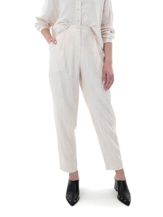 Moutaki Women's High-waisted Linen Trousers with Elastic Ecru