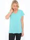 Women's Summer Blouse Cotton Short Sleeve with V Neckline Turquoise