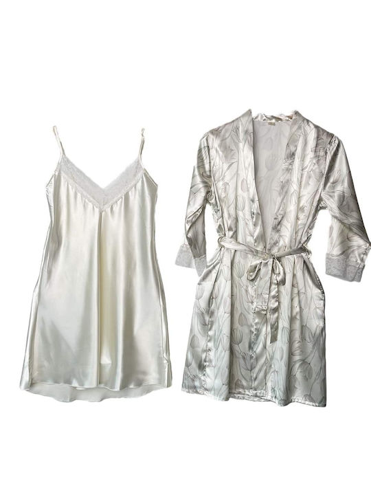 Women's Satin Pajama Nightgown and Floral Floral Slim Fit Set, Ecru