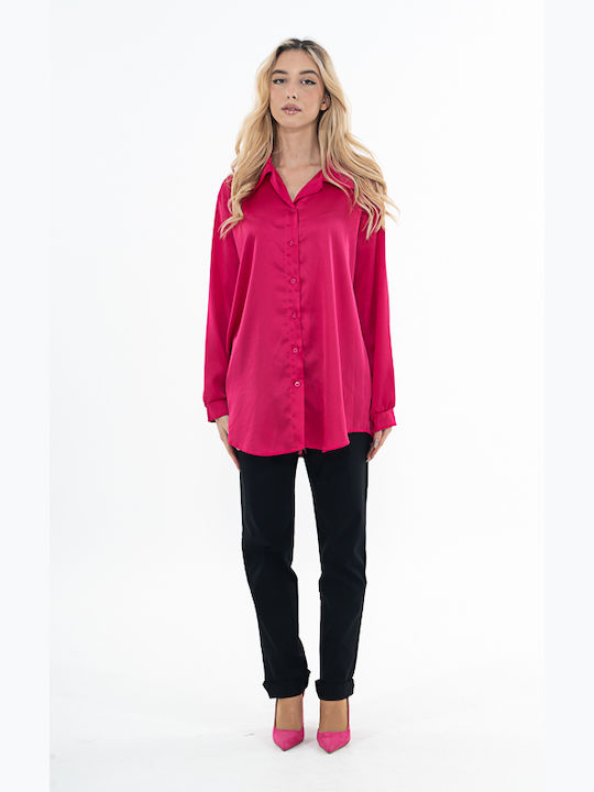 Korinas Fashion Women's Satin Long Sleeve Shirt Fuchsia