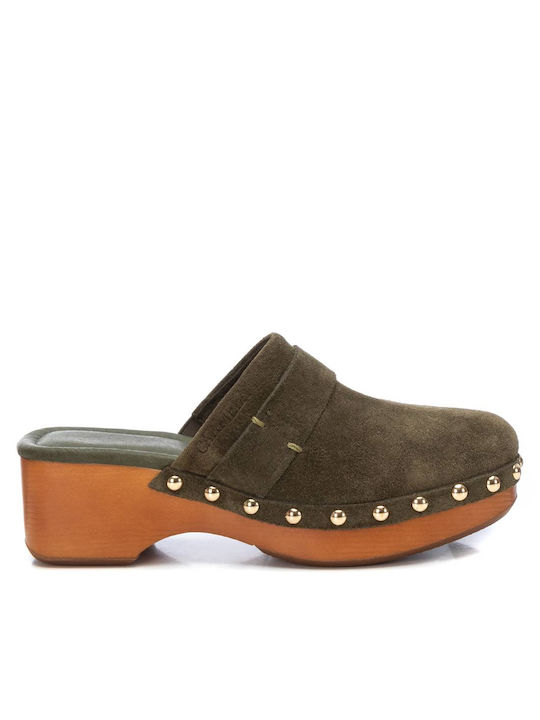 Carmela Footwear Piele Mules cu Mare Toc în Kaki Culoare