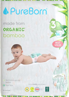 PureBorn Organic Bamboo Πάνες με Αυτοκόλλητο No. 3 για 5.5-8kg 56τμχ