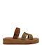 Leather Women's Flat Sandals in Tabac Brown Color