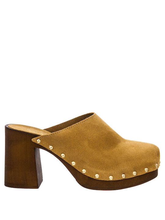 Wall Street Heel Leather Mules Brown