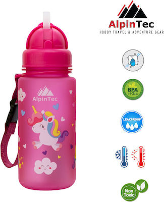 AlpinPro Kinder Trinkflasche Einhorn Silikon mit Strohhalm Rosa 400ml
