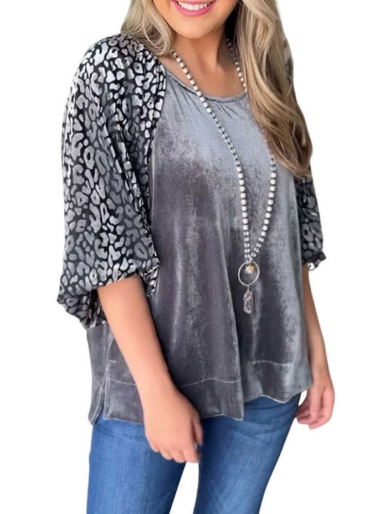 Amely Damen Bluse Samt mit 3/4 Ärmel Tierdruck Gray