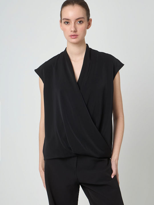 Desiree Women's Summer Blouse Short Sleeve with V Neck Black