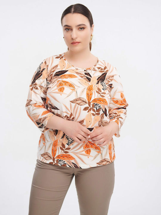 Jucita Women's Blouse with 3/4 Sleeve Floral Ecru