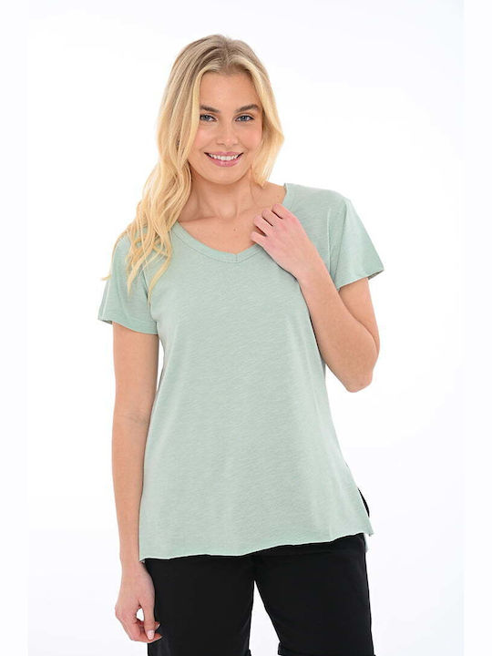 Bodymove Women's Summer Blouse Cotton with V Neckline Green