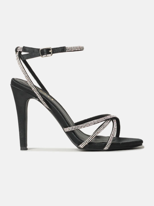 Sandals with thin heel and straps made of Strass Black