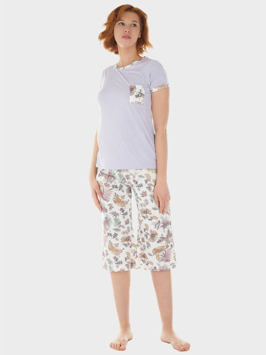Women's Pajama Blouse Neckline Pants Capri All Print Pants Lila