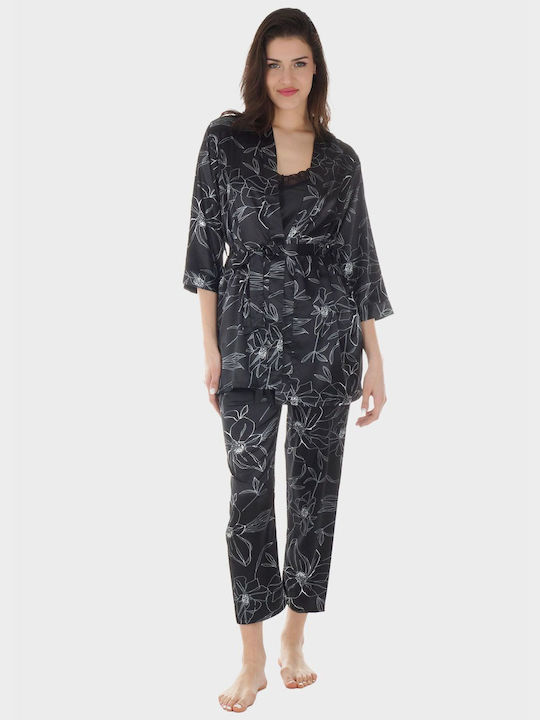 Women's Set Satin Pajama Cardigan Top & Pants All Print. Packaging 3pack Black