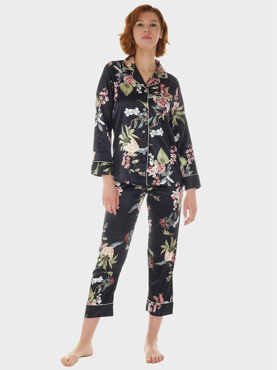 Γυναικείο Σετ Σατέν Πιτζάμα Floral Print Κουμπιά Τσεπάκι Μαυρο